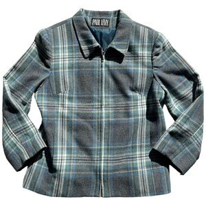 Vintage Paul Levy Plaid Zip Up Jacket Gray Blue Green Yellow
